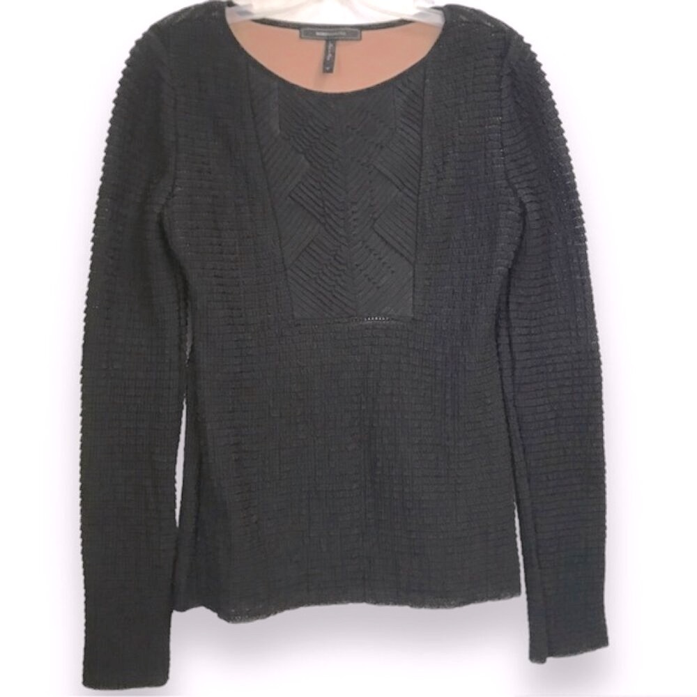 BCBGMAXAZRIA Tyler Gathered Ruffle Ruched Semi Sheer Lined Fitted Top Long M